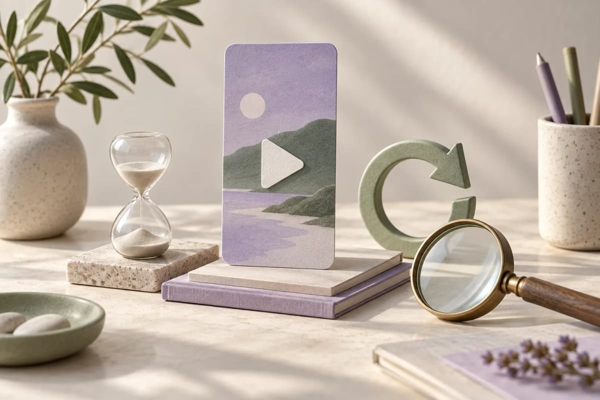 Ilustracja koncepcyjna karty wideo, klepsydry, strzałki w pętli i lupy.